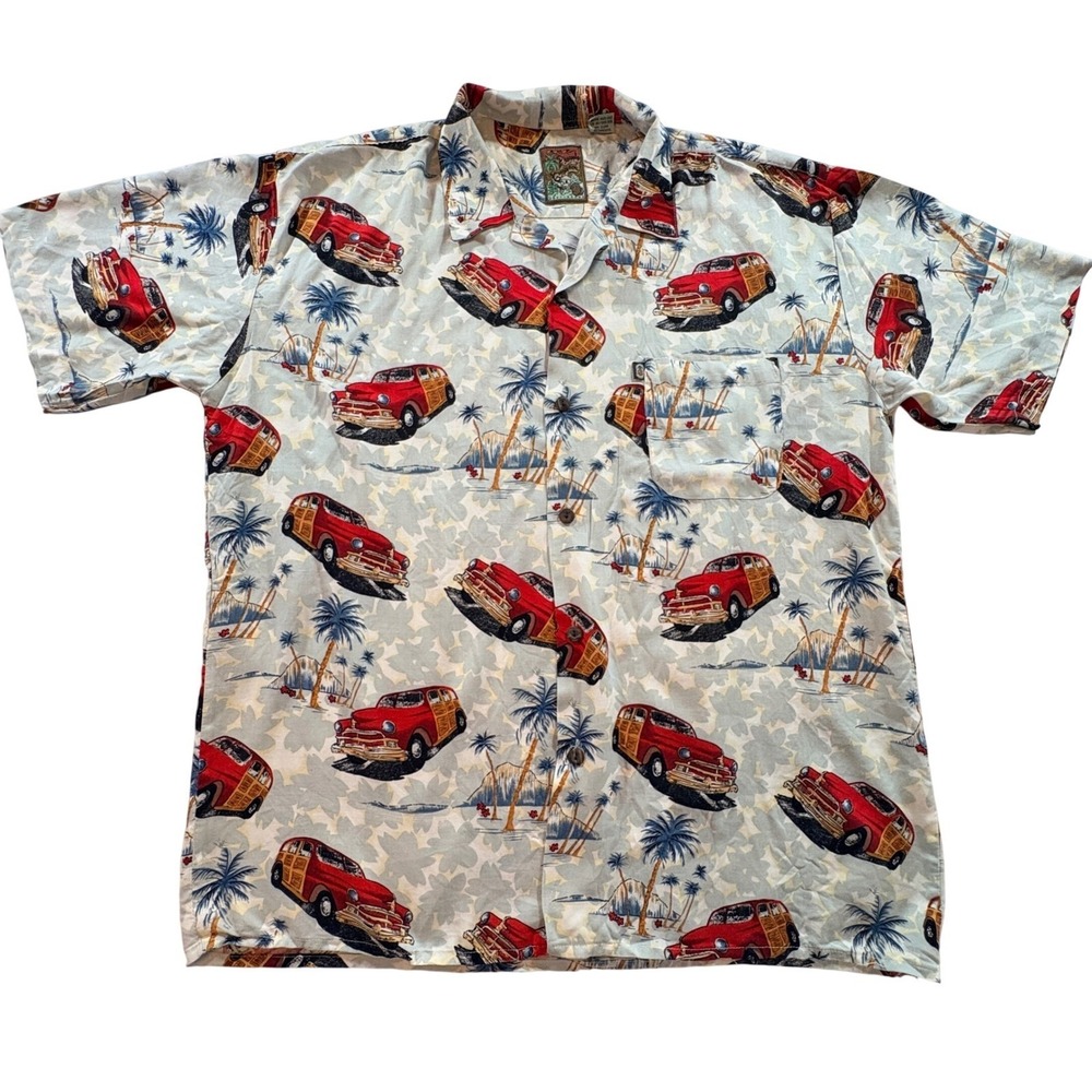 Pineapple Connection‎ Hawaiian Shirt Mens Large Woody Wagon Car Rayon Aloha Blue
